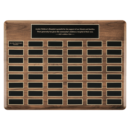 Walnut 48 Plate Perpetual Plaque with Black Brass 20" x 30"/Plates 1 1/2" x 3 3/4" American Plates
