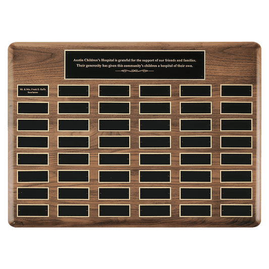 Walnut 48 Plate Perpetual Plaque with Black Brass 20" x 30"/Plates 1 1/2" x 3 3/4" American Plates