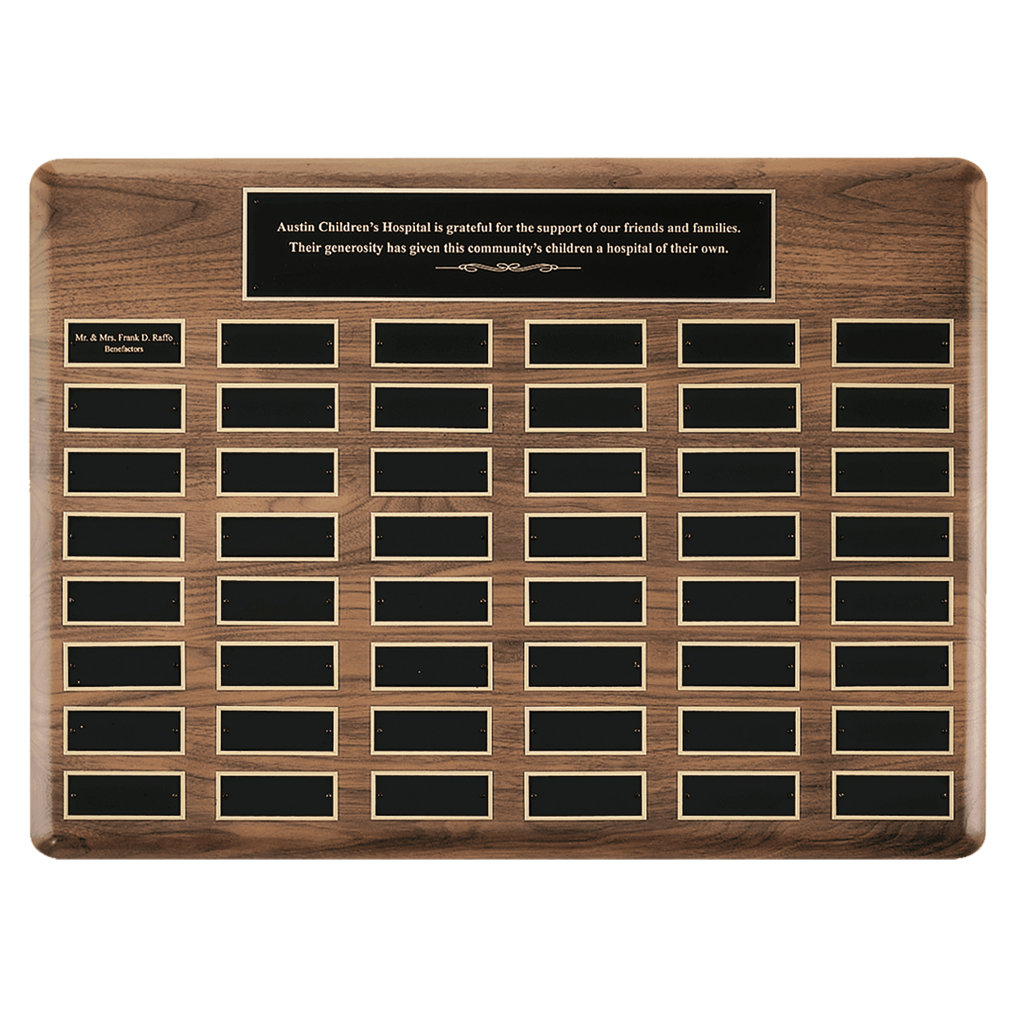 Walnut 60 Plate Perpetual Plaque with Black Brass 22" x 30"/Plates 1 1/2" x 3 3/4" American Plates