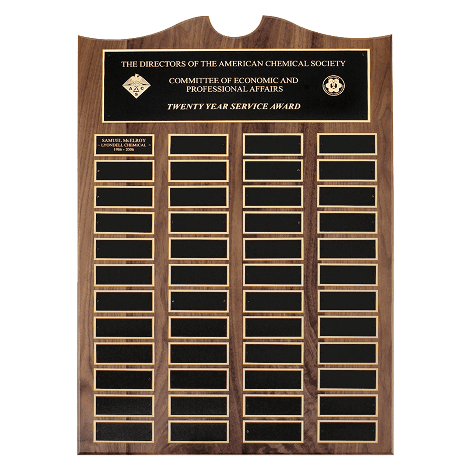 Walnut 48 Plate Perpetual Plaque with Black Brass 2 20" x 30"/Plates 1 1/2" x 3 3/4" American Plates