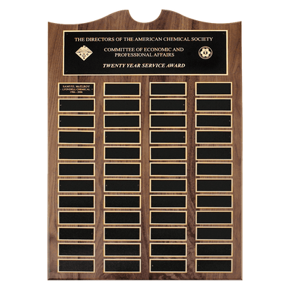 Walnut 48 Plate Perpetual Plaque with Black Brass 2 20" x 30"/Plates 1 1/2" x 3 3/4" American Plates