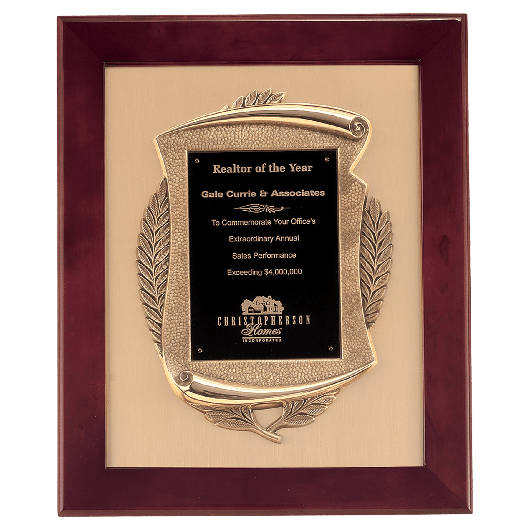 14" x 17" Rosewood Piano Finish Frame with Antique Bronze Casting          with Black LaserFX Plate on Brushed Gold Metal Background