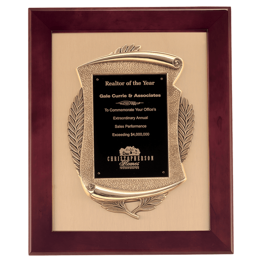 14" x 17" Rosewood Piano Finish Frame with Antique Bronze Casting          with Black LaserFX Plate on Brushed Gold Metal Background