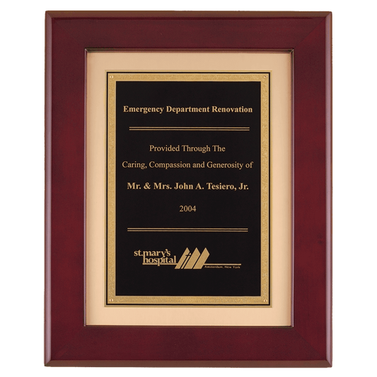 12" x 15" Rosewood Piano Finish Frame with Black LaserFX Plate on Brushed Gold Metal Background