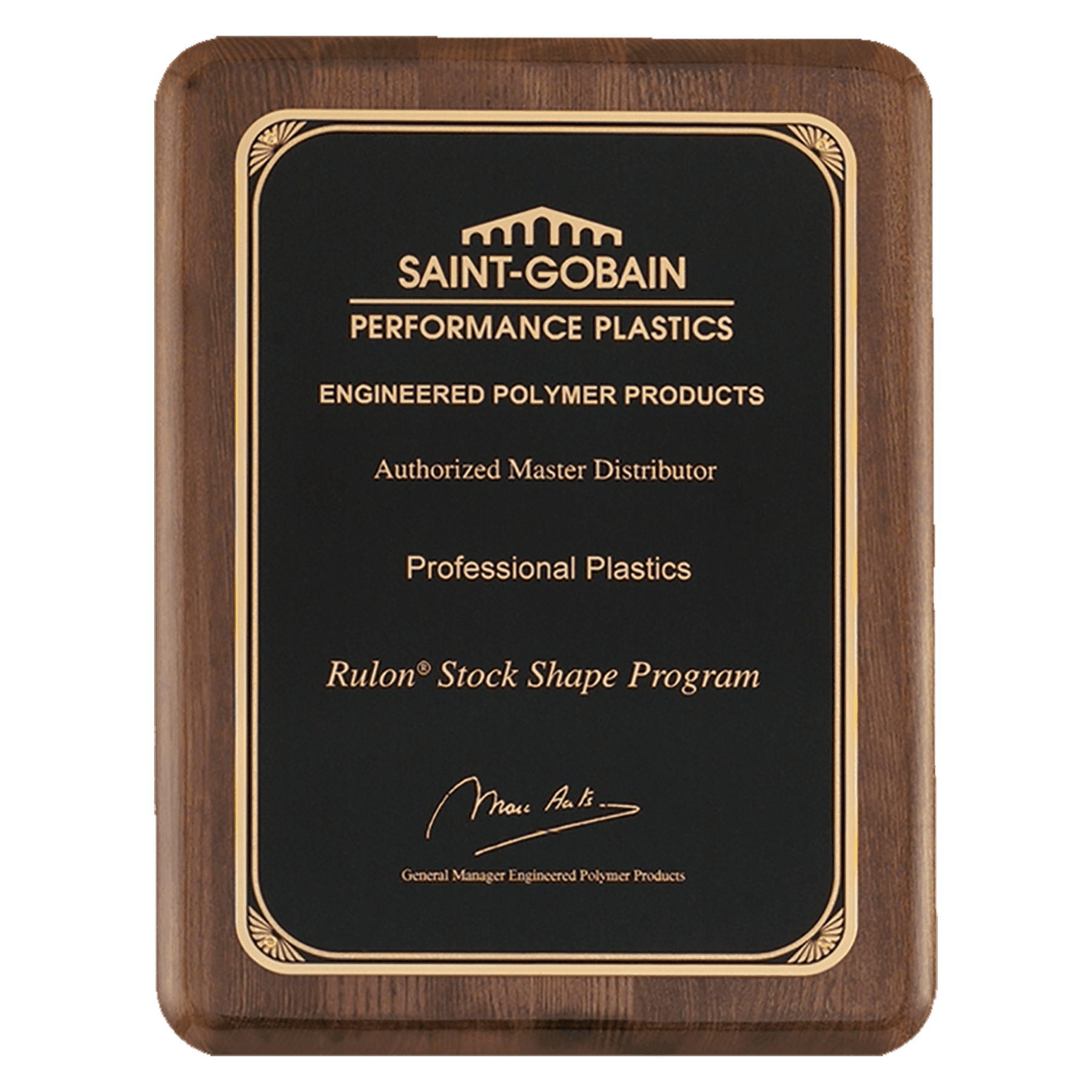 Walnut Piano Finish Plaque with Gold 7" x 9" Airflyte Premium Florentine Border LaserFX Plate