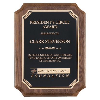 Walnut Piano Finish Plaque with Gold Florentine Border Black 9" x 12" Airflyte LaserFX Plate