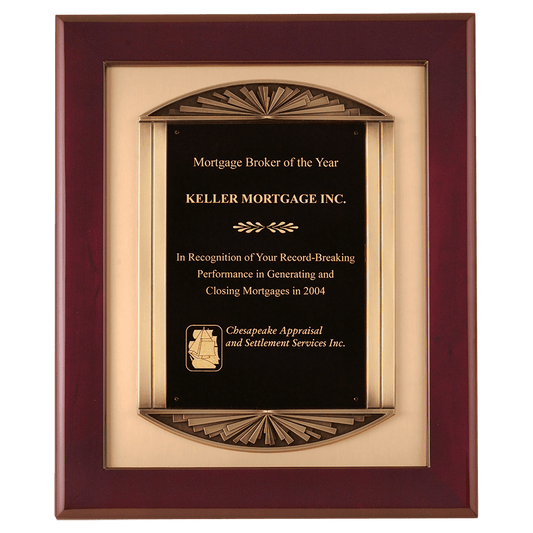 14" x 17" Rosewood Piano Finish Frame with Antique Bronze Finish Frame Casting with Brushed Gold Metal Background and Black LaserFX Plate