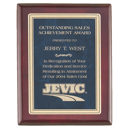 Rosewood Piano Finish Plaque with a Sapphire Marble/Gold 9" x 12" Florentine Design LaserFX Plate