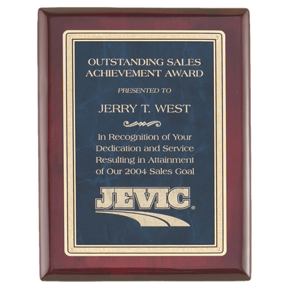 Rosewood Piano Finish Plaque with a Sapphire Marble/Gold 10 1/2" x 13" Florentine Design LaserFX Plate