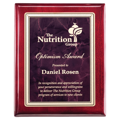 Rosewood Piano Finish Plaque with Ruby Marble/Gold 7" x 9" Florentine Design LaserFX Plate