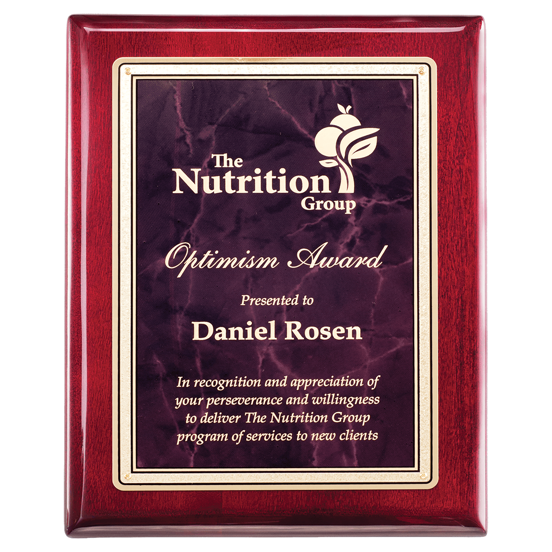 Rosewood Piano Finish Plaque with Ruby Marble/Gold 10 1/2" x 13" Florentine Design LaserFX Plate