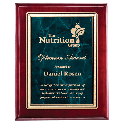 Rosewood Piano Finish Plaque with Emerald Marble/Gold 9" x 12" Florentine Design LaserFX Plate