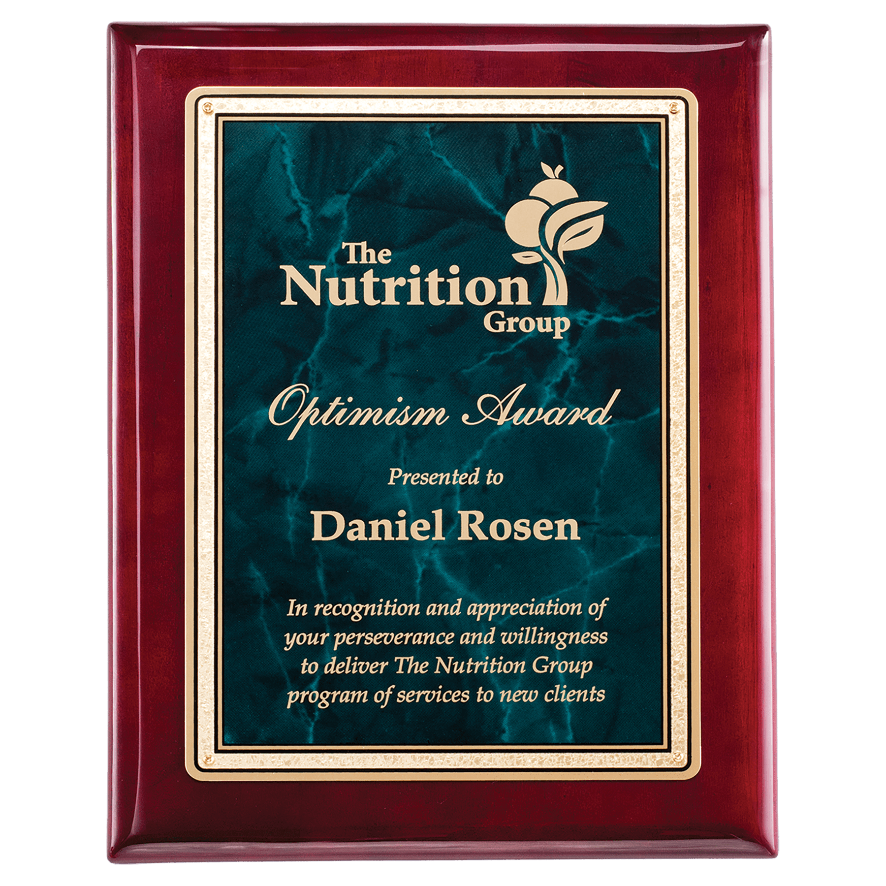 Rosewood Piano Finish Plaque with Emerald Marble/Gold 10 1/2" x 13" Florentine Design LaserFX Plate