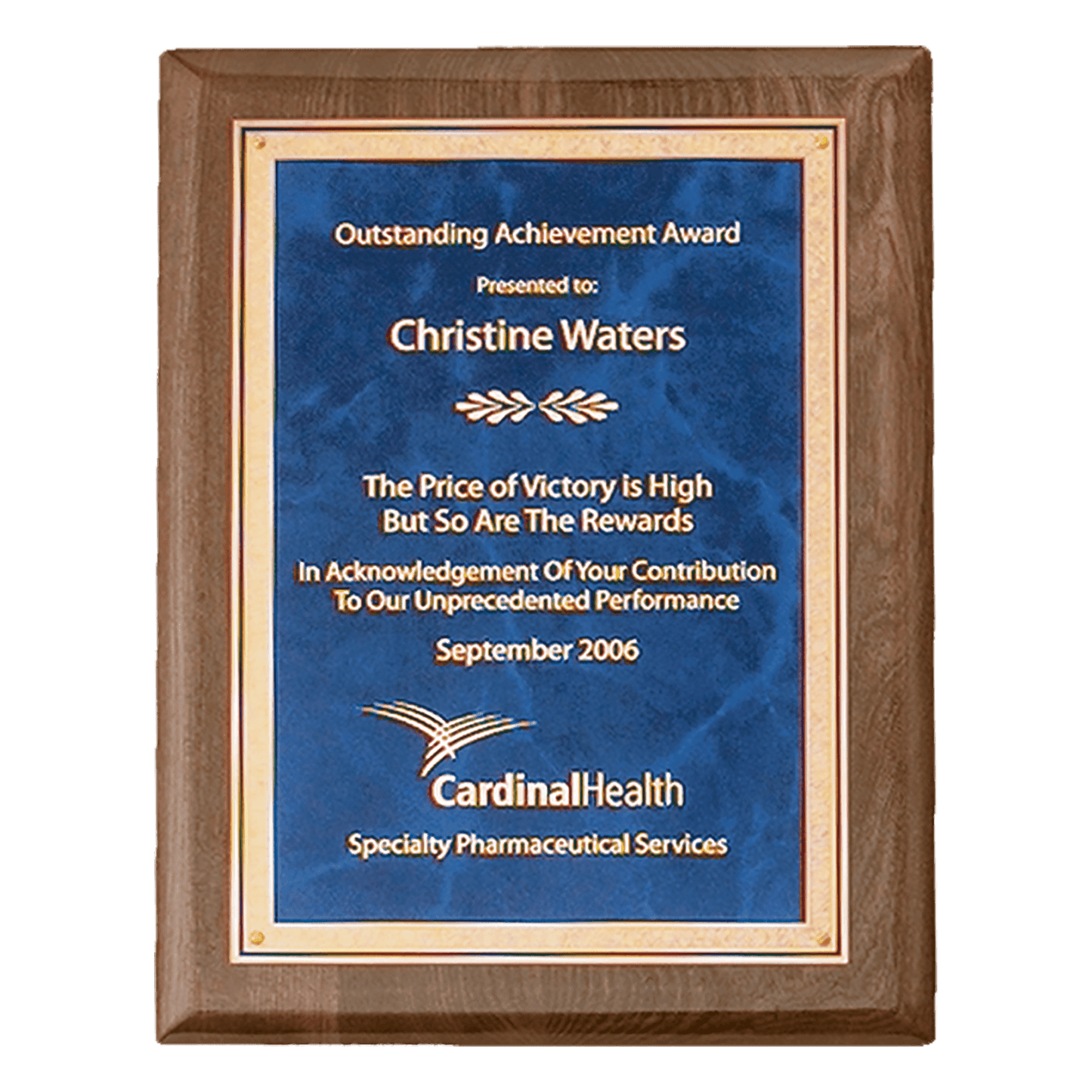 Walnut Piano Finish Plaque with Gold 8" x 10 1/2" Airflyte Premium Florentine Border Sapphire Marble LaserFX Plate