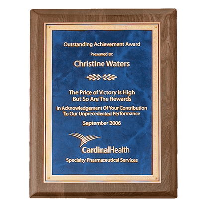 Walnut Piano Finish Plaque with Gold 8" x 10 1/2" Airflyte Premium Florentine Border Sapphire Marble LaserFX Plate