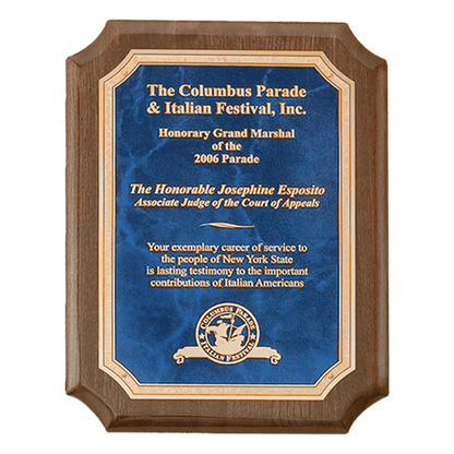 Walnut Piano Finish Plaque with Gold 2 7" x 9" Airflyte Premium Florentine Border Sapphire Marble LaserFX Plate