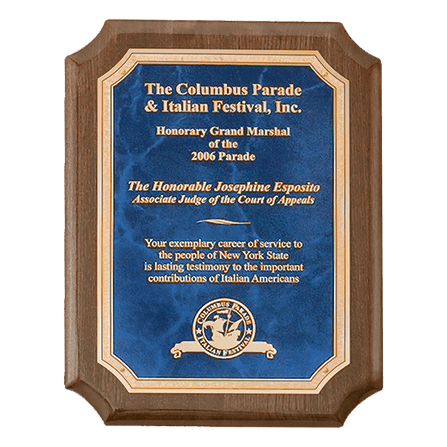 Walnut Piano Finish Plaque with Gold 2 9" x 12" Airflyte Premium Florentine Border Sapphire Marble LaserFX Plate