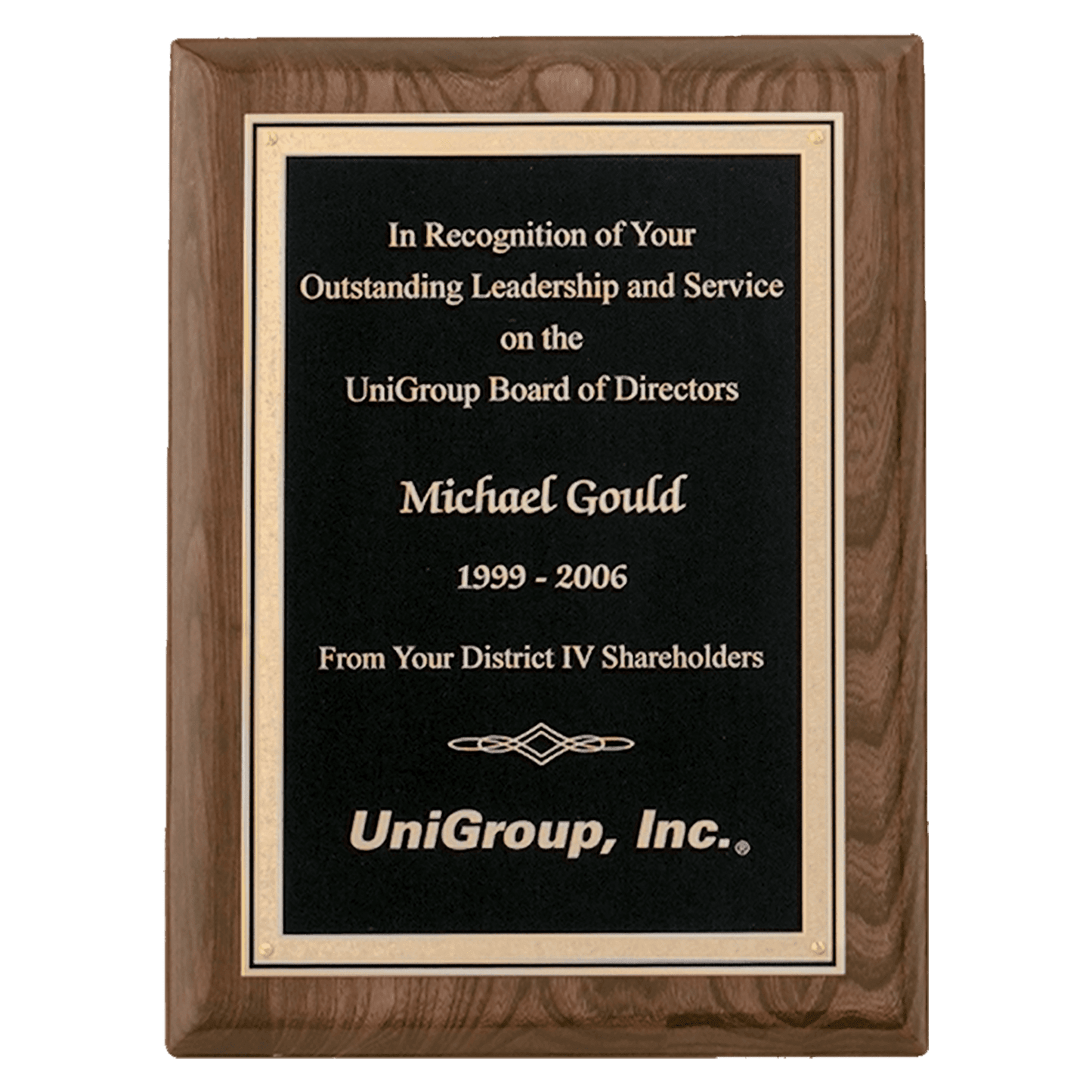 Walnut Piano Finish Plaque with Textured Black/Gold 7" x 9" Airflyte Florentine Border LaserFX Plate