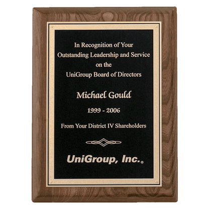 Walnut Piano Finish Plaque with Textured Black/Gold 7" x 9" Airflyte Florentine Border LaserFX Plate