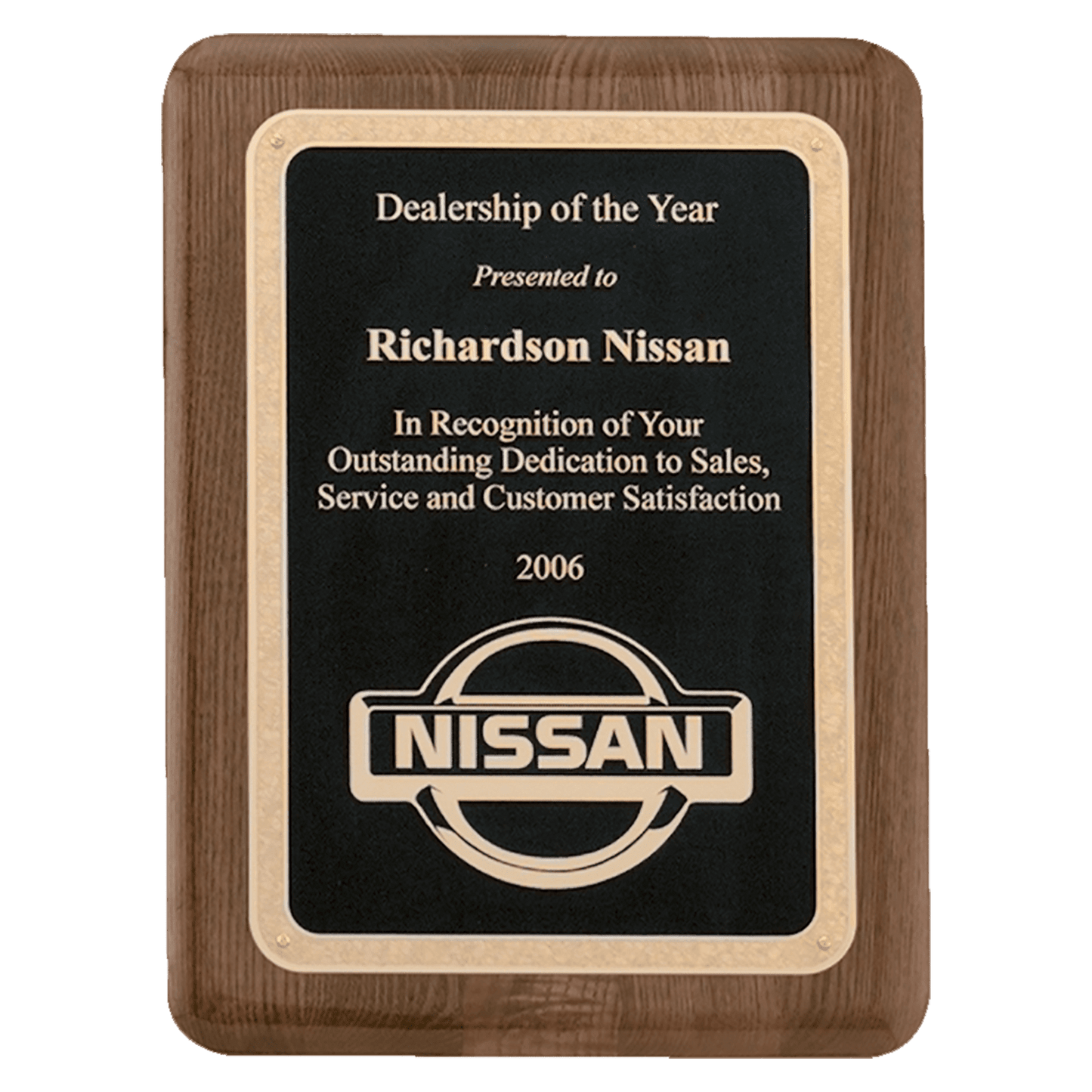 Walnut Piano Finish Plaque with Gold Florentine Border Textured Black 2 7" x 9" Airflyte Premium LaserFX Plate