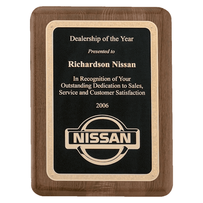 Walnut Piano Finish Plaque with Textured Black/Gold 8" x 10 1/2" Airflyte Florentine Border LaserFX Plate
