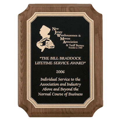 Walnut Piano Finish Plaque with Gold Florentine Border Textured Black 8" x 10 1/2" Airflyte Premium LaserFX Plate