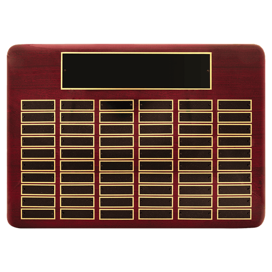 Rosewood Piano Finish 60 Plate Perpetual Plaque with Black Brass 15" x 21"/Plates 7/8" x 2 3/4" Plates