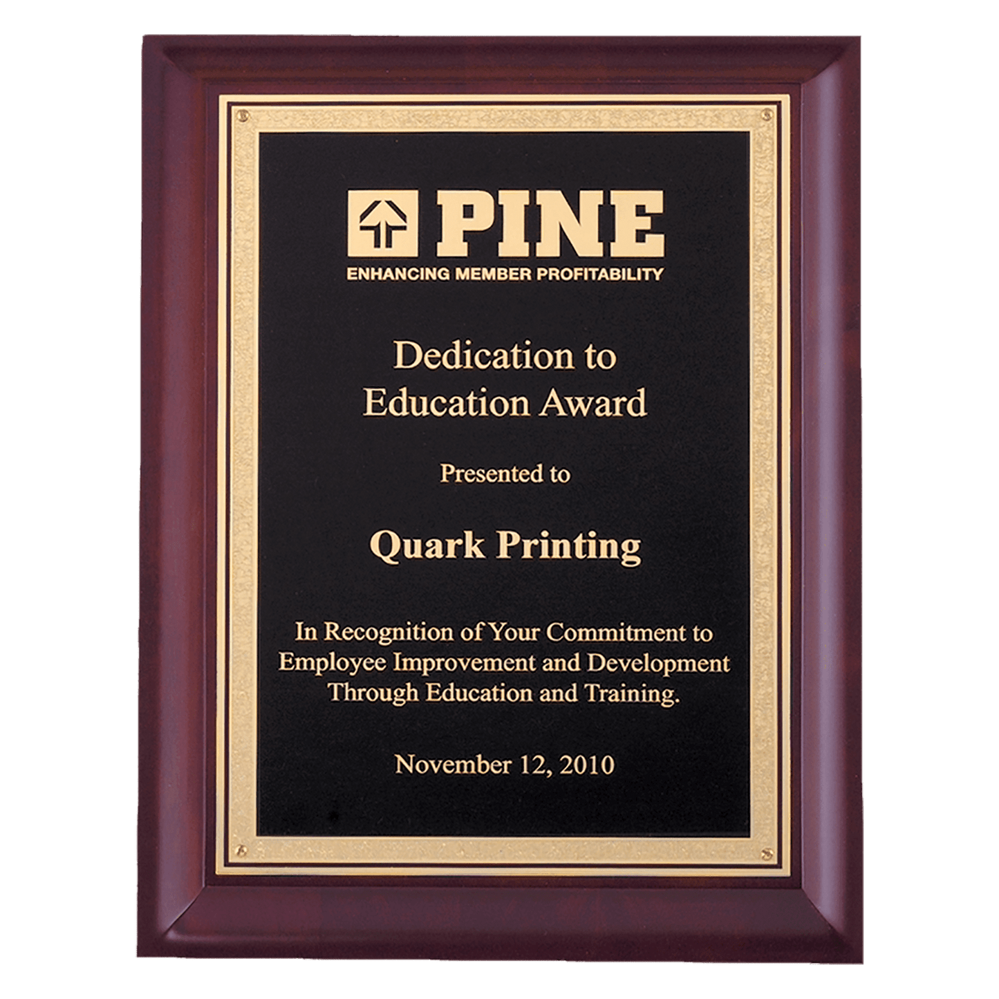 7" x 9" Hand Rubbed Cherry Finish Plaque with Gold Florentine Border Black LaserFX Plate