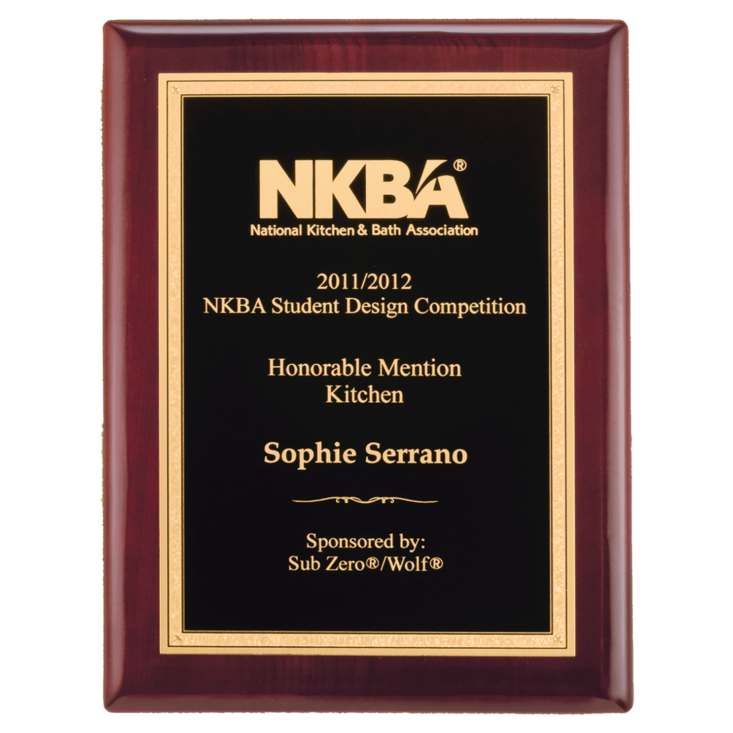 Rosewood Piano Finish Plaque with Textured Black/Gold 7" x 9" Airflyte Florentine Border LaserFX Plate