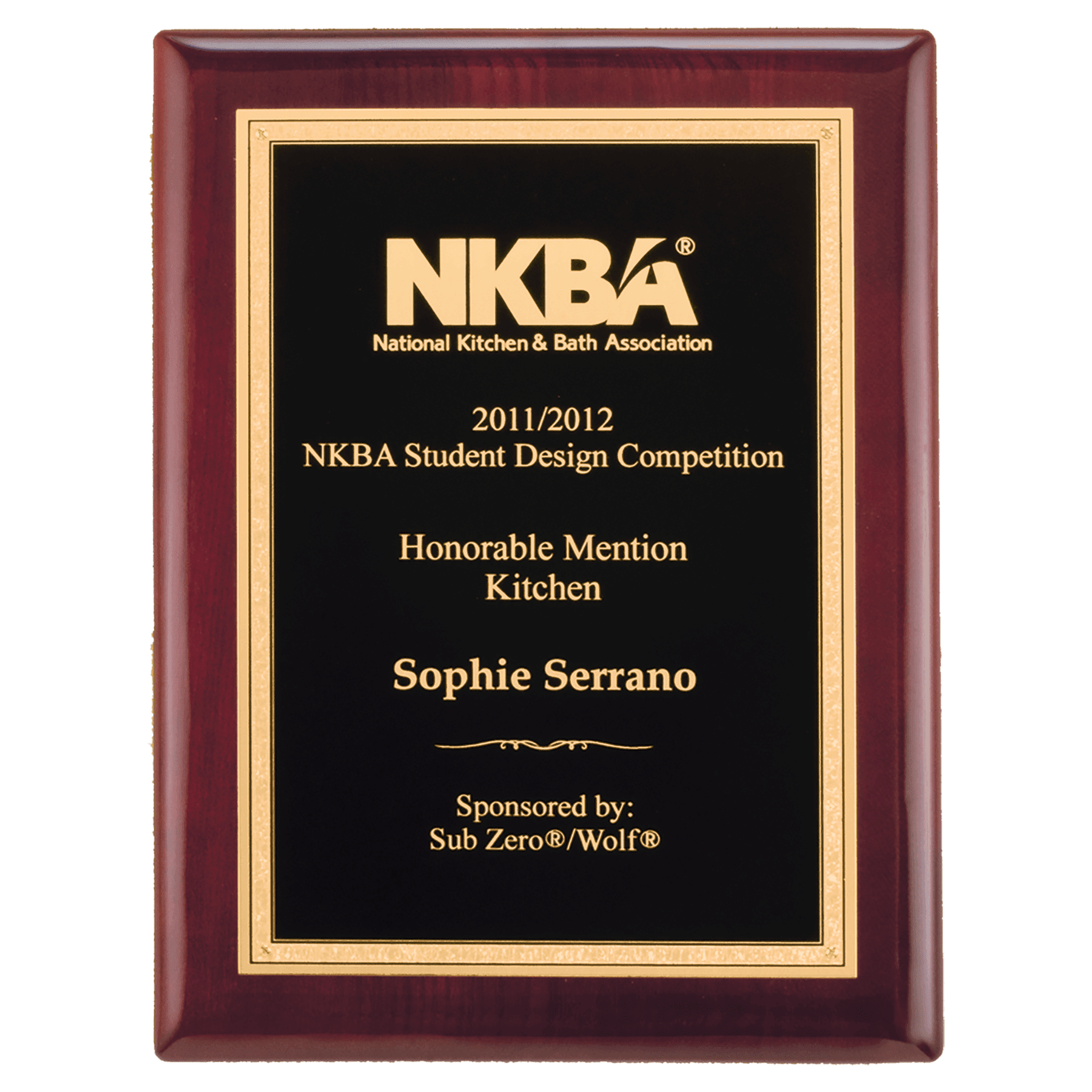 11" x 14" Airflyte Rosewood Piano Finish Plaque with Textured Black/Gold Florentine Border LaserFX Plate