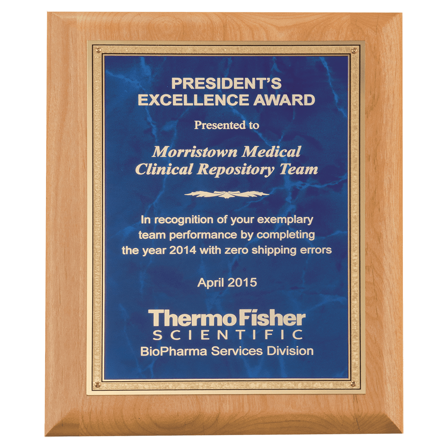 Alder Wood Plaque with Sapphire Marble Gold 7" x 9" Natural Florentine Bordered LaserFX Plate