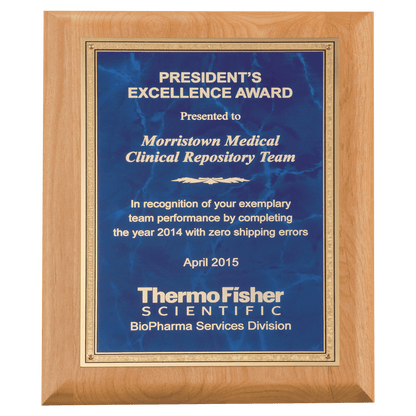 Alder Wood Plaque with Sapphire Marble Gold 9" x 12" Natural Florentine Bordered LaserFX Plate