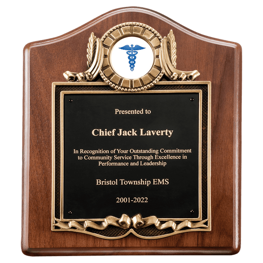10" x 12" American Walnut Plaque with Gold Border Decorative Frame with 2" Insert Holder, Laserable Black Brass Plate- Witney Series