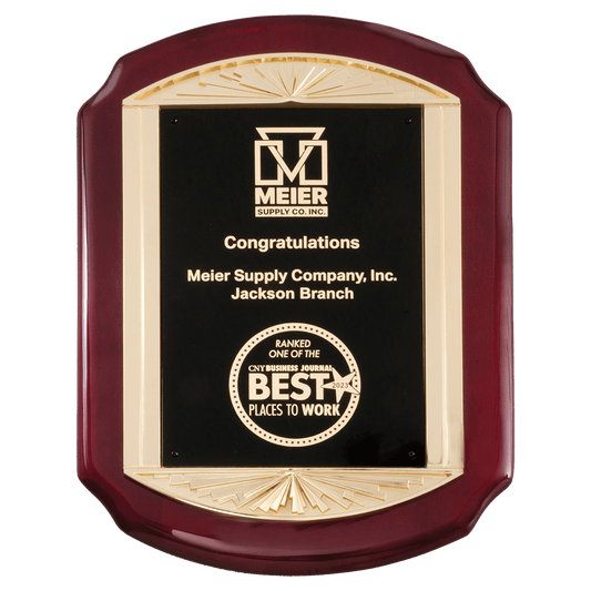 11" x 15" Rosewood Piano Finish Plaque with Metal Gold Sunburst Frame      Casting and Black LaserFX Plate