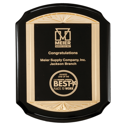 11" x 15" Black High Gloss Plaque with Metal Gold Sunburst Frame Casting and Black LaserFX Plate