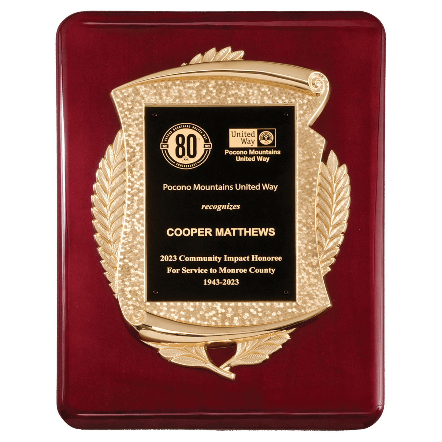 11" x 15" Rosewood Piano Finish Plaque with Metal Gold Scroll Frame Casting and Black LaserFX Plate