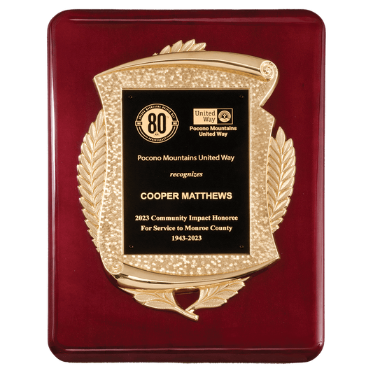 11" x 15" Rosewood Piano Finish Plaque with Metal Gold Scroll Frame Casting and Black LaserFX Plate