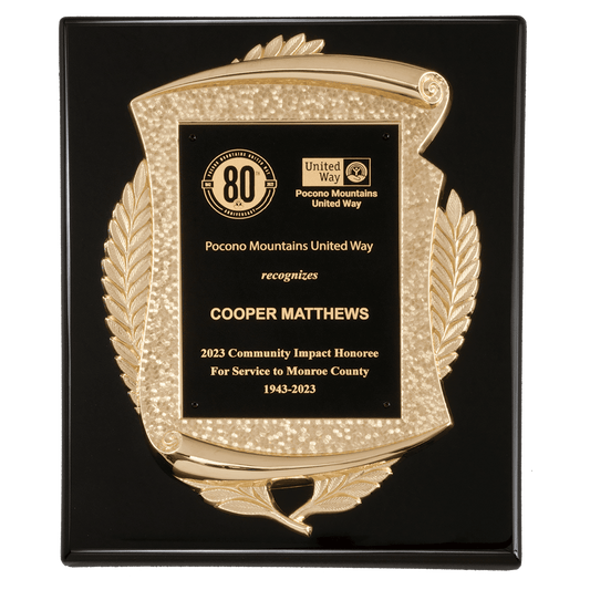 10 1/2" x 13" Black High Gloss Plaque with Metal Gold Scroll Frame Casting with Black LaserFX Plate