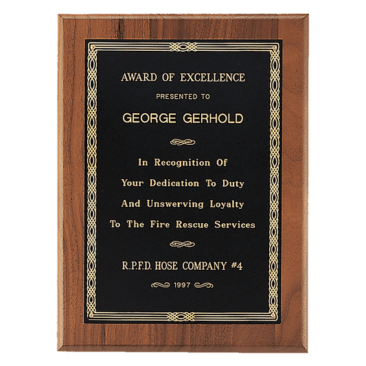 4 1/2" x 6" Jewelers Black Laserable Gold Border Plate on an American Walnut Plaque- Sheffield Series