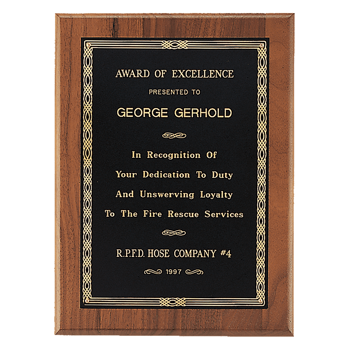 6" x 8" Jewelers Black Laserable Gold Border Plate on an American Walnut Plaque - Sheffield Series