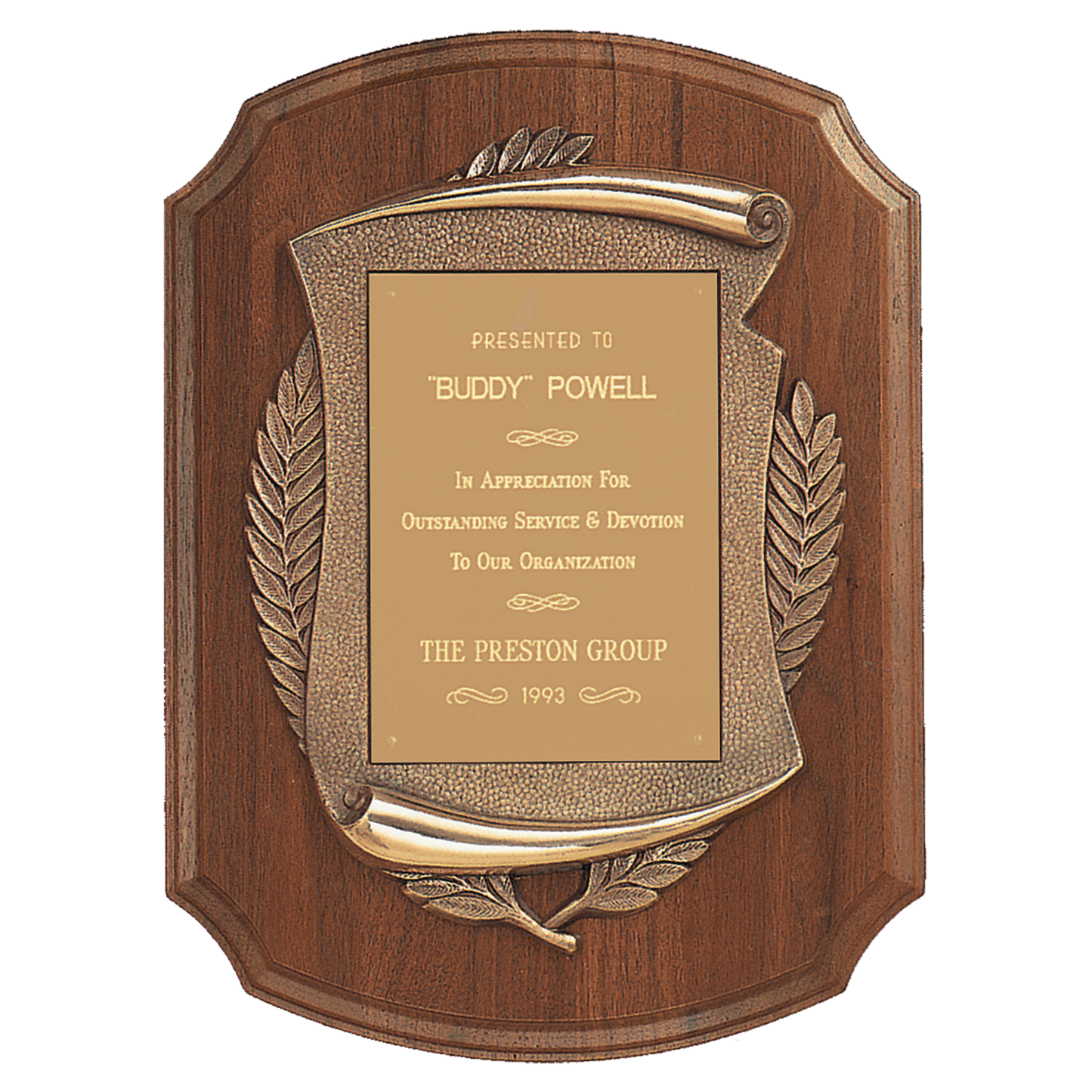 Walnut Notch Corner Plaque w/Antique Bronze Scroll/Brushed Brass 11" x 15" American Plate