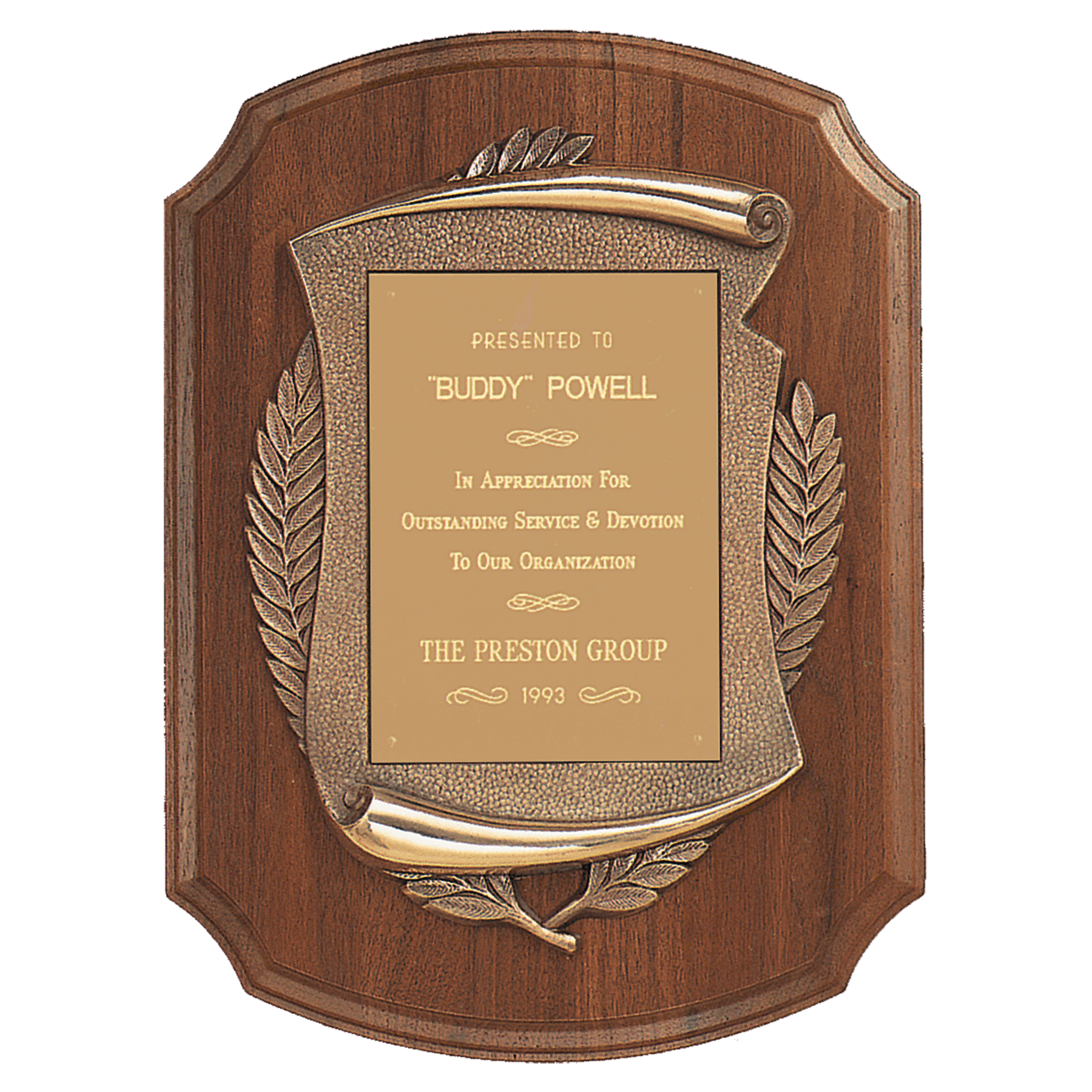 Walnut Notch Corner Plaque w/Antique Bronze Scroll/Brushed Brass 11" x 15" American Plate