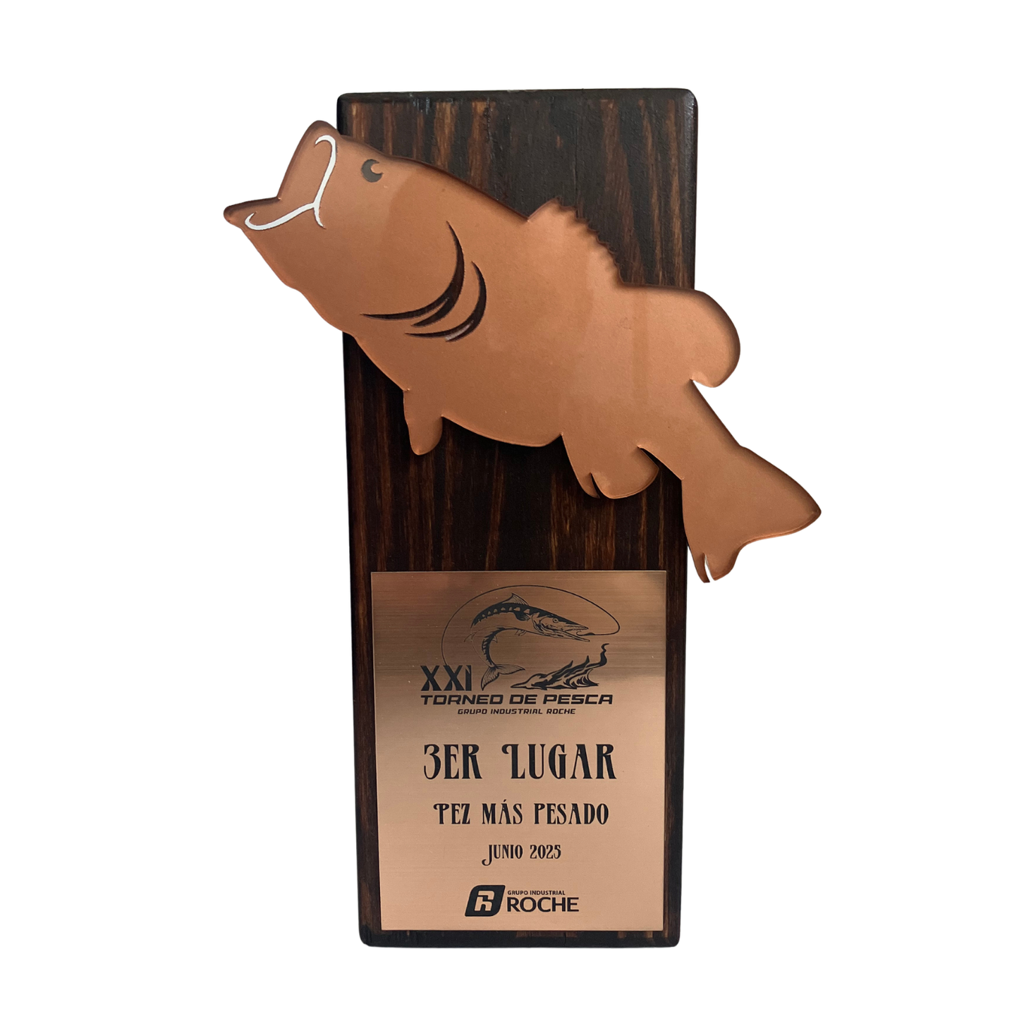 PES24730. Trofeo de Pesca Personalizado de Madera y Acrílico Dorado