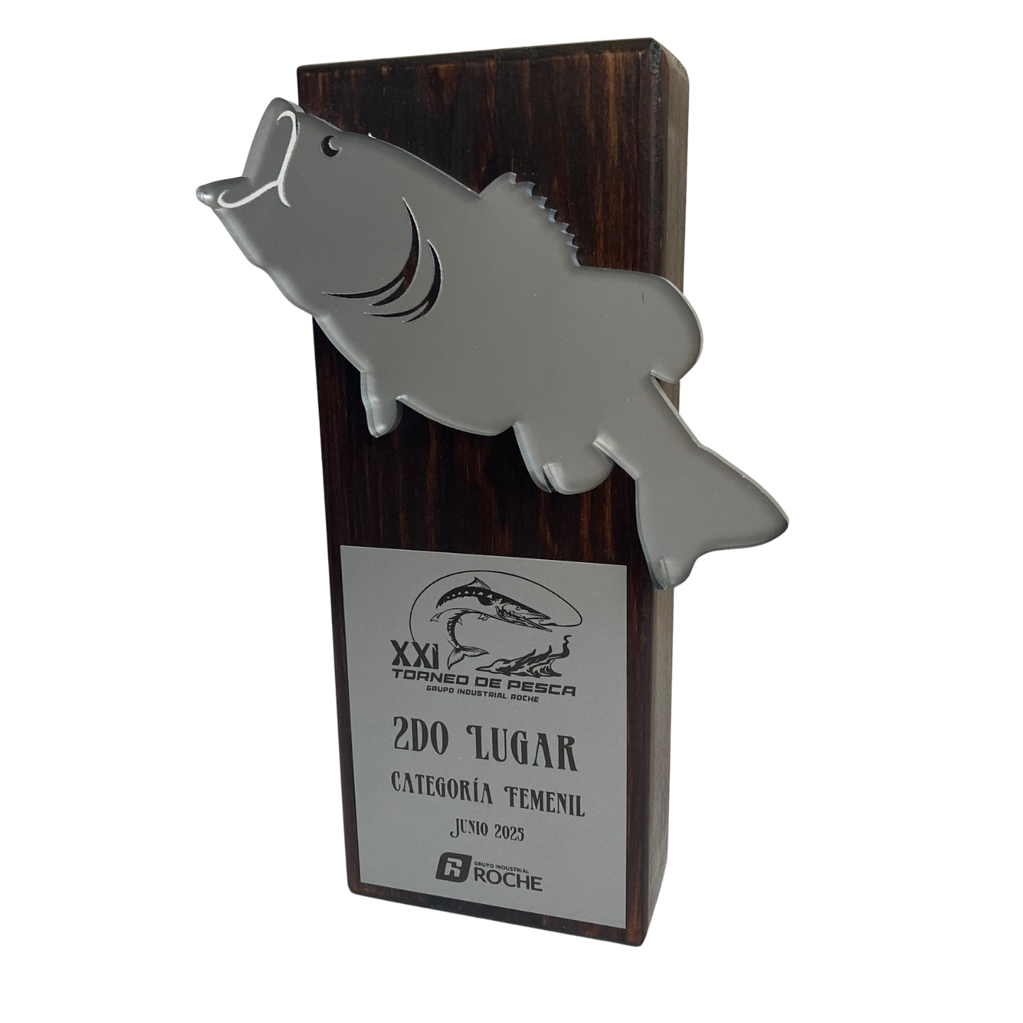 PES24730. Trofeo de Pesca Personalizado de Madera y Acrílico Dorado