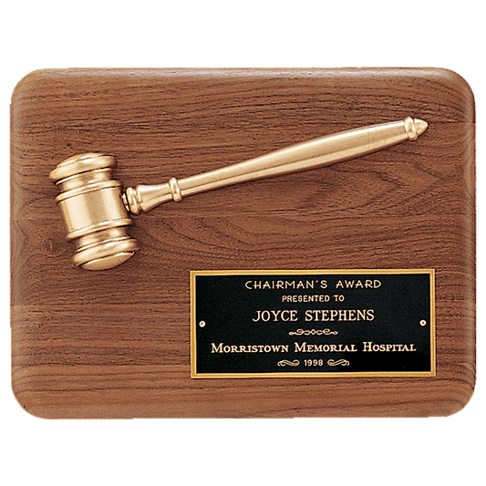 Solid 9" x 12" Walnut Plaque with  Antique Bronze Half Gavel