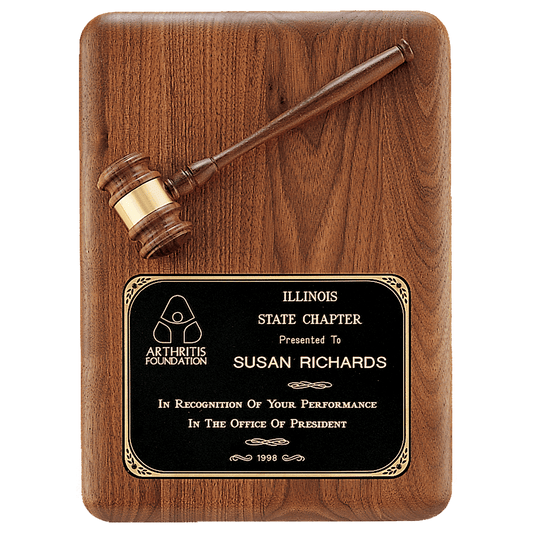 11" x 15" Walnut Plaque with Walnut Gavel, Gavel Band and Laserable Black Brass Plate
