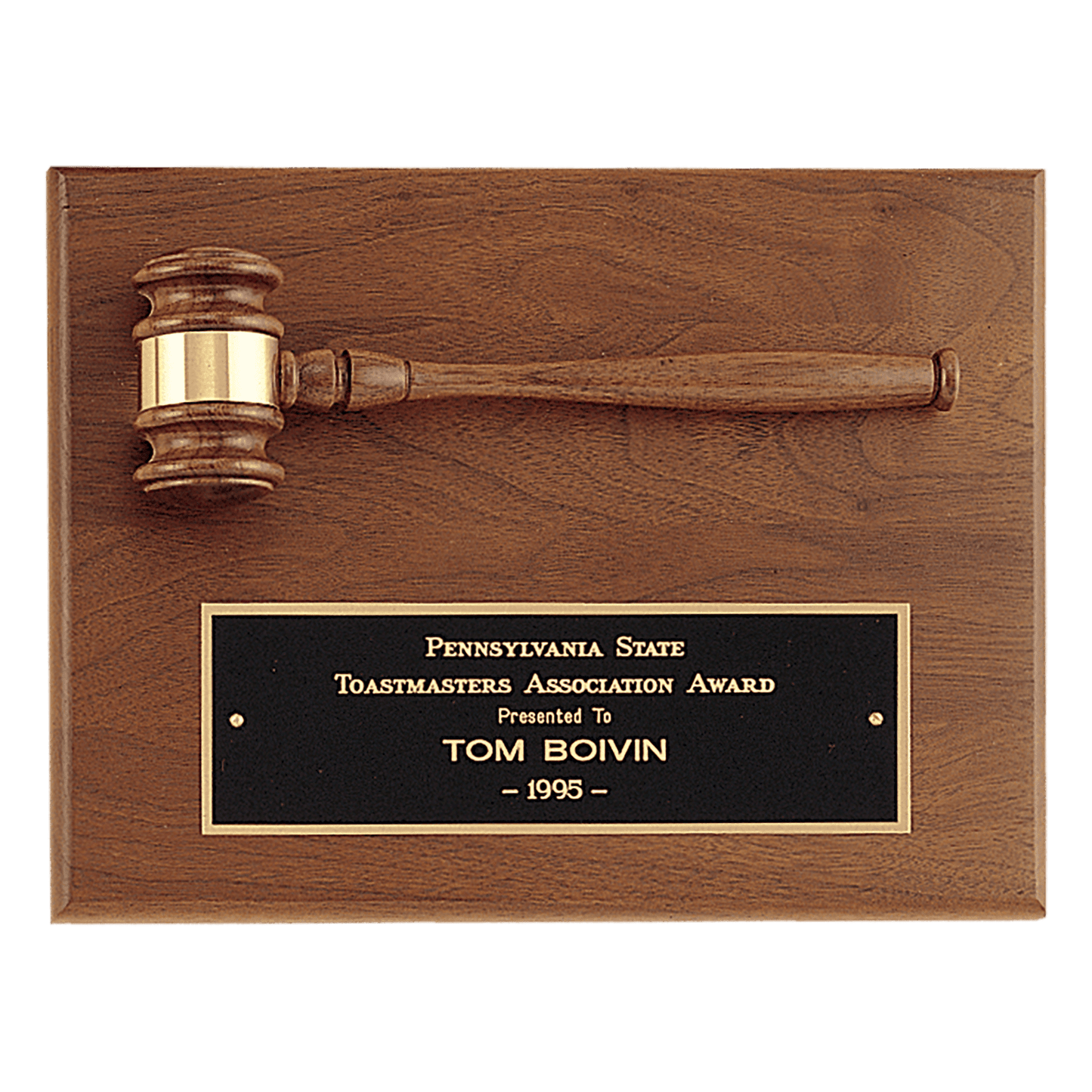 9" x 12" Solid Walnut Plaque with a Walnut Gavel, Gold Gavel Band and Black Laserable Brass Plate