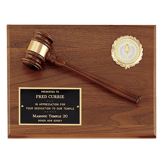 Solid Walnut Plaque with a Walnut Gavel, Gold Gavel Band, Black Laserable Brass Plate and 2" Insert Holder (Insert Sold Separately)