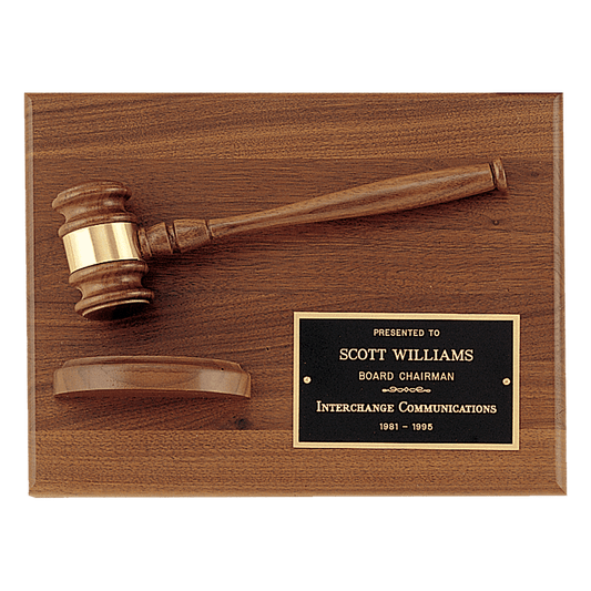 9" x 12" Solid Walnut Plaque with a Walnut Gavel, Gold Gavel Band, Black Laserable Brass Plate and a Walnut Half Sounding Block