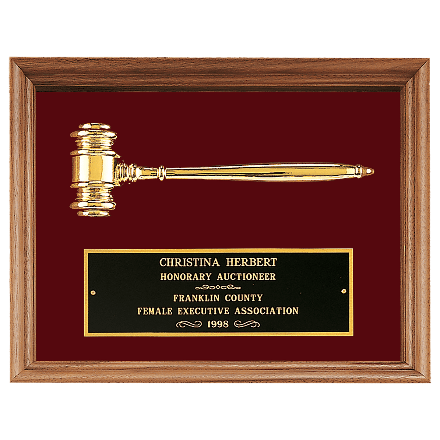 Gold Electroplated Gavel in a Walnut Frame with Maroon Velour Background and Black Laserable Brass 10" x 13" plate